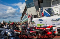 Marcel Fassler (CHE) driving the LMP1 Audi Sport Team Joest Audi R18 Hybrid celebrates after winning the race FIA WEC 6H Silverstone - Sunday 17th April 2016